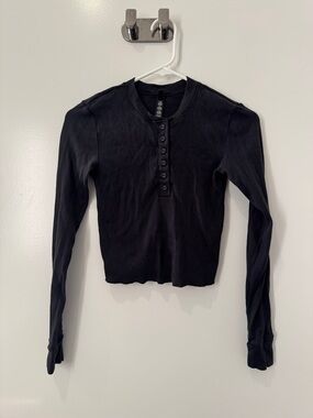 Black Long Sleeve Ribbed Henley Top